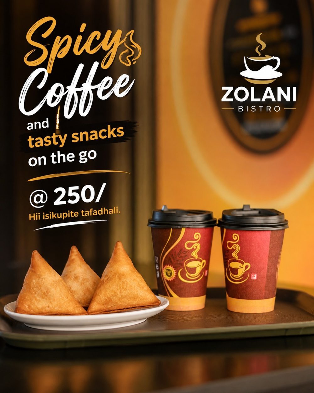 Poster: spicy coffee and samosas on the go for 250 shillings